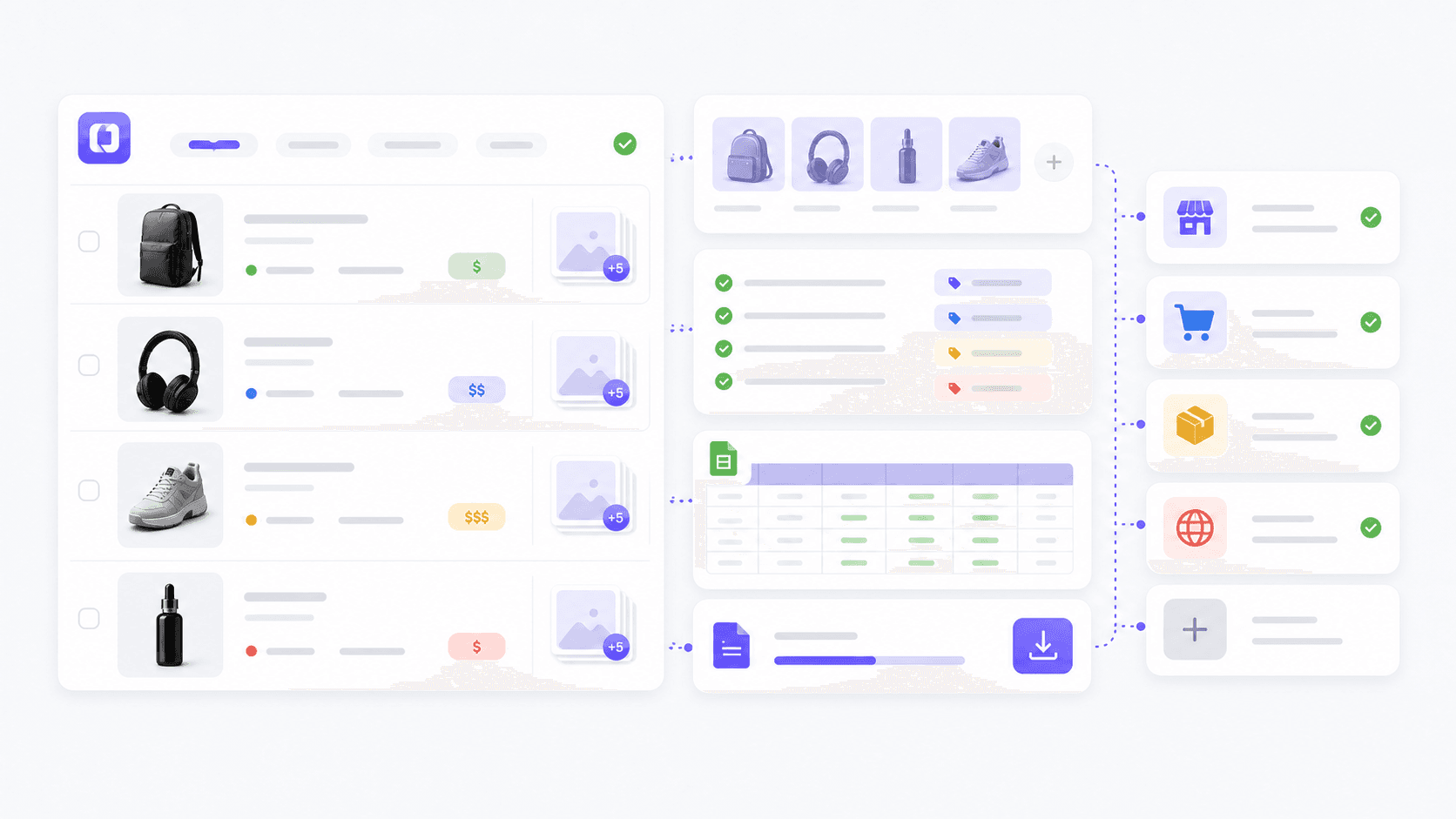 Abstract Shopify workflow with product cards, generated fields, CSV export, and destination modules