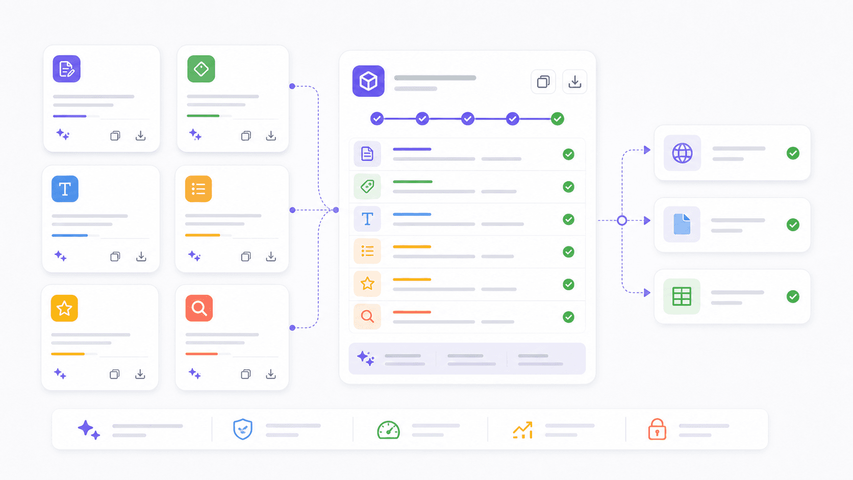 Abstract hub of ecommerce SEO tools connected to a reusable content workflow