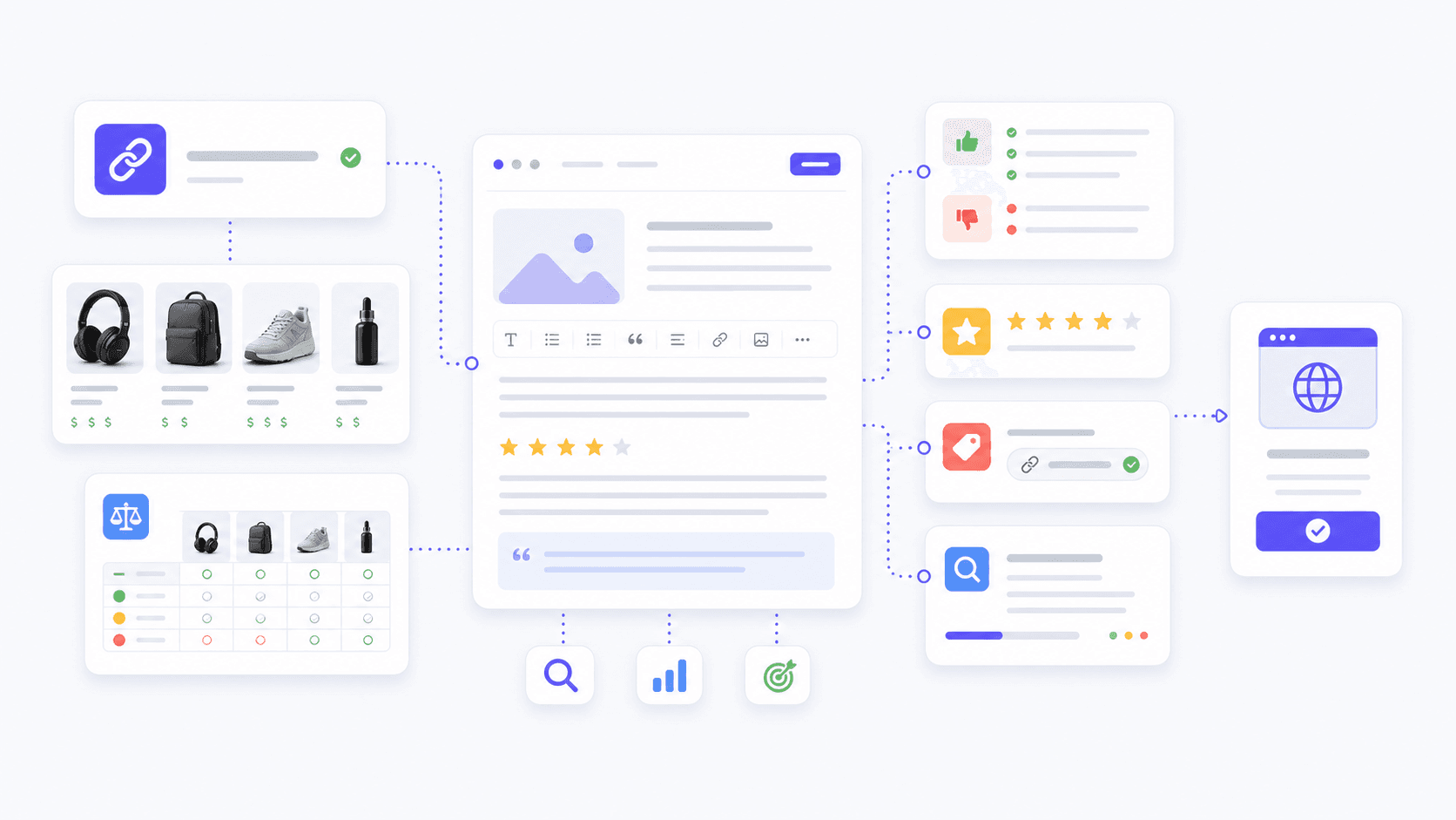 Abstract affiliate workflow connecting product links, review content, SEO modules, and publish outputs